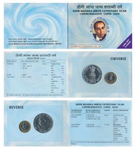 2009 Uncirculated Set, Homi Bhabha Birth Centenary, set of Rupees 10 (bi-metal) and 100. I