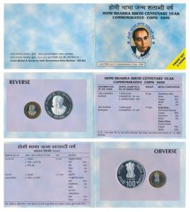 2009 Proof Set, Homi Bhabha Birth Centenary, set of Rupees 10 (bi-metal) and 100. In immac