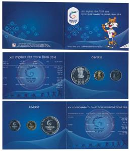2010 Uncirculated Set, XIX Commonwealth Games Delhi, set of 3, Rupees 2 to Rupees 100. In 