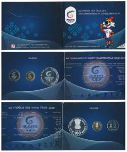 2010 Proof Set, XIX Commonwealth Games Delhi, set of 3, Rupees 2 to Rupees 100. In immacul