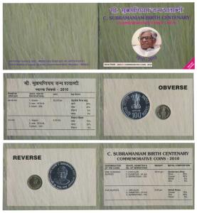 2010 Uncirculated Set, C. Subramaniam Birth Centenary, set of 2, Rupees 5 and 100. In imma