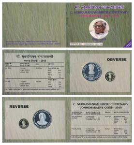 2010 Proof Set, C. Subramaniam Birth Centenary, set of 2, Rupees 5 and 100. In immaculate 