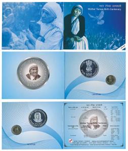 2010 Uncirculated Set, Mother Teresa Birth Centenary, set of 2, Rupees 5 and 100. In immac