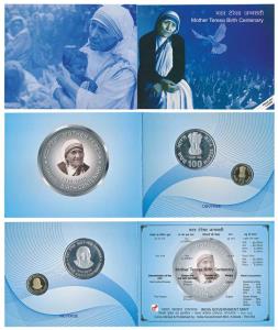 2010 Proof Set, Mother Teresa Birth Centenary, set of 2, Rupees 5 and 100. In immaculate c