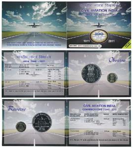 2011 Uncirculated Set, 100 years Civil Aviation India, set of 2, Rupees 5 and 100. In imma
