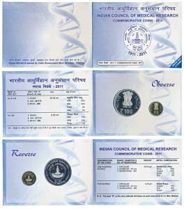 2011 Proof Set, Indian Council of Medical Research, set of 2, Rupees 5 and 100. In immacul