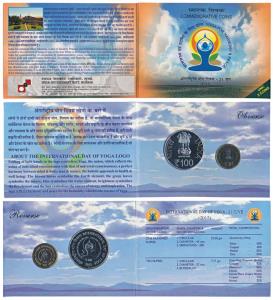 2015, Uncirculated Set, Yoga for harmony and peace, set of 2, Rupees 10 and 100. In immacu