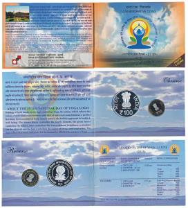 2015, Proof Set, Yoga for harmony and peace, set of 2, Rupees 10 and 100. In immaculate co