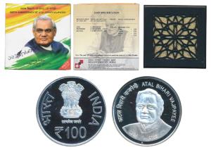 2018 Proof, Birth Anniversary of Atal Bihari Vajpayee, Rupees 100. In immaculate condition