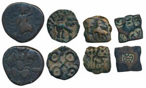 Punch Marked, Eran-Vidisha Region, Copper Karshapana (1), obv. sun, six armed, yupa type a