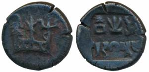 Panchala, Rudragupta, Copper Unit, 5g, bold square punch on obv. showing three stylized sy
