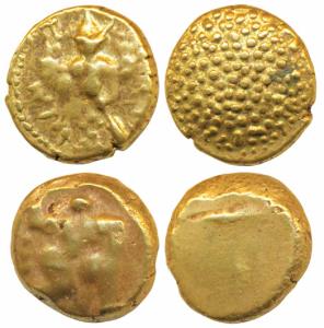 Vijayanagar Empire, Bukka Raya I (1344-1377 AD), Gold Pagoda, 3.35g, obv. warrior walking 