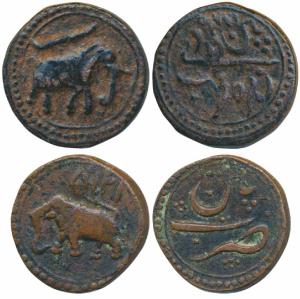 Tipu Sultan, Copper Paisa (2), 10.80g & 11.13g, Patan Mint, obv. date AM 1218 above elepha