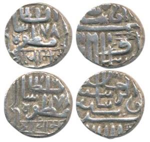 Silver Kori (2), AH (9)78 (frozen date), with the name of Muzaffar Shah III of Gujarat Sul