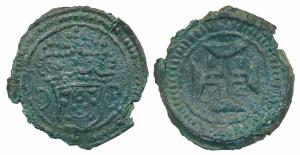 Damao & Bassein, Joao V, Tin 10 Bazarucos, 19.1g, 1734 AD, obv. crown arms divide DB withi