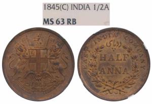 Copper ½ Anna, 1845, Calcutta Mint, obv. coat of arms of the EIC and date, rev. value with