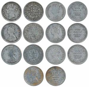 Victoria Queen and Empress, Silver 2 Annas (7) 1841 divided legend, 1862, 1877, 1886, 1887