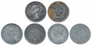 Victoria Empress, Silver ¼ Rupee, 1840, continuous legend; 1862 & 1875. About Fine to Fine