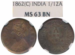 Victoria Queen, Copper 1/12 Anna, 1862, Madras Mint (Prid 781). Graded by NGC MS63BN.