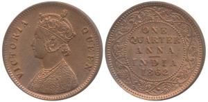 Victoria Queen, Copper ¼ Anna, 1862, Calcutta Mint, A / I, (Prid 600). Mint State.