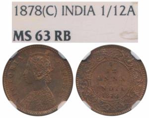 Victoria Empress, Copper 1/12 Anna, 1878, Calcutta Mint, (Prid 787). Graded by NGC MS63RB.