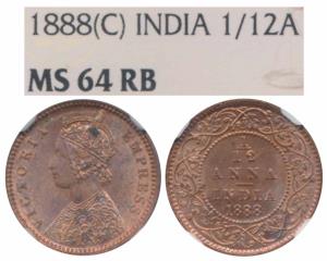 Victoria Empress, Copper 1/12 Anna, 1888, Calcutta Mint, (Prid 793). Graded by NGC MS64RB.