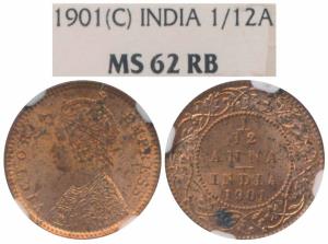 Victoria Empress, Copper 1/12 Anna, 1901, Calcutta Mint, (Prid 805). Graded by NGC MS62RB.