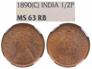 Victoria Empress, Copper ½ Pice, 1890, Calcutta Mint, (Prid 722). Graded by NGC MS63RB.