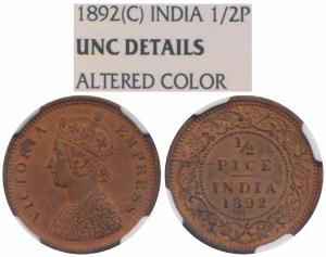 Victoria Empress, Copper ½ Pice, 1892, Calcutta Mint (Prid 725). Graded by NGC UNC Details