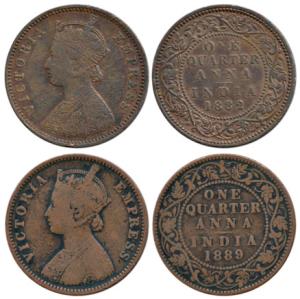 Victoria Empress, Copper ¼ Anna (2), 1882 and 1889. Fine+ and Very Fine+. (2)