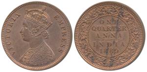 Victoria Empress, Copper ¼ Anna, 1889, Calcutta Mint (Prid 622). Mint State.