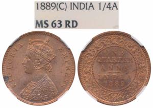 Victoria Empress, Copper ¼ Anna, 1889, Calcutta Mint (Prid 622). Graded by NGC MS63RD.