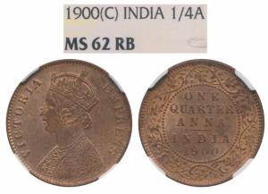 Victoria Empress, Copper ¼ Anna, 1900, Calcutta Mint (Prid 633). Graded by NGC MS62RB.