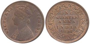 Victoria Empress, Copper ¼ Anna, 1897, Calcutta Mint (Prid 630). Mint State.