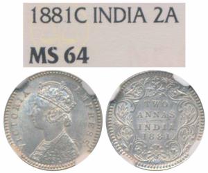 Victoria Empress, Silver 2 Annas, 1881, Calcutta Mint, B / II / C incuse, (Prid 496). Grad