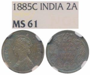 Victoria Empress, Silver 2 Annas, 1883, Calcutta Mint, B / II / C incuse, (Prid 498). Extr