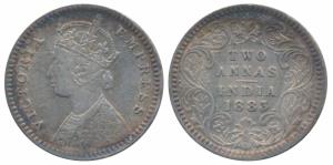 Victoria Empress, Silver 2 Annas, 1885, Calcutta Mint, B / II / C incuse, (Prid 500). Grad
