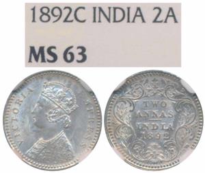 Victoria Empress, Silver 2 Annas, 1892, Calcutta Mint, B / II / C incuse (Prid 507). Grade