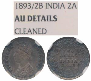 Victoria Empress, Silver 2 Annas, 1893, Bombay Mint, B / II / B incuse, 3 over 2 in date, 