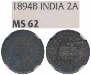 Victoria Empress, Silver 2 Annas, 1894, Bombay Mint, B / II / B incuse, (Prid 548). Graded