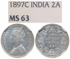 Victoria Empress, Silver 2 Annas, 1897, Calcutta Mint, B / II / C incuse (Prid 512). Slab 