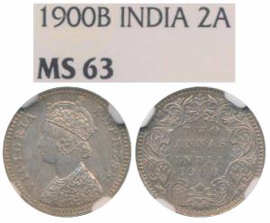 Victoria Empress, Silver 2 Annas, 1900, Bombay Mint, B / I / B raised (Prid 553). Graded b