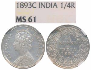 Victoria Empress, Silver ¼ Rupee, 1893, Calcutta Mint, C / II / C incuse (Prid 398). Grade
