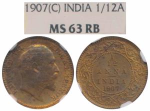 Edward VII, Copper 1/12 Anna, 1907, Calcutta Mint, (Prid 823). Graded by NGC MS63RB.