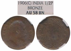 Edward VII, Bronze ½ Pice, 1906, Calcutta Mint (Prid 740). Graded by NGC AU58BN.