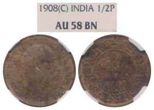 Edward VII, Copper ½ Pice, 1908, Calcutta Mint (Prid 742). Graded by NGC AU58BN.