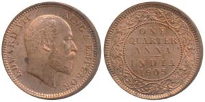 Edward VII, Copper ¼ Anna, 1905 (Prid 649). About Uncirculated.