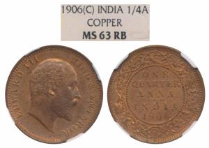 Edward VII, Copper ¼ Anna, 1906, Calcutta Mint (Prid 650). Graded by NGC MS63RB. Rare.