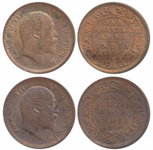 Edward VII, Copper ¼ Anna (2), 1906 (Prid 650). About Uncirculated & Uncirculated. (2)