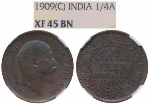 Edward VII, Copper ¼ Anna, 1909, Calcutta Mint (Prid 654). Graded by NGC XF45BN.
